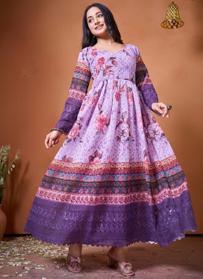 Georgette Orchid Casual Wear Printed Readymade Gown